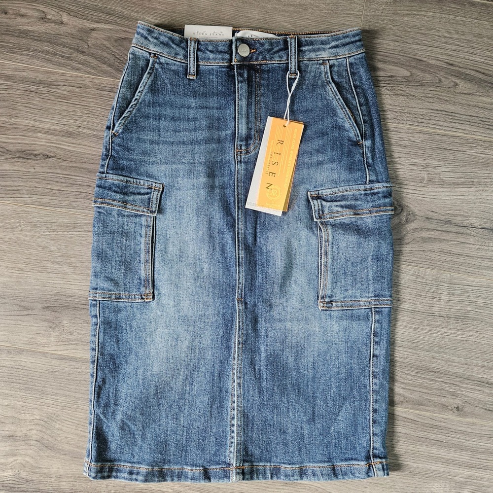 Risen Jeans Womens Cargo Denim Midi Skirt Dark Wash Front Slit RDS6161 Small NEW